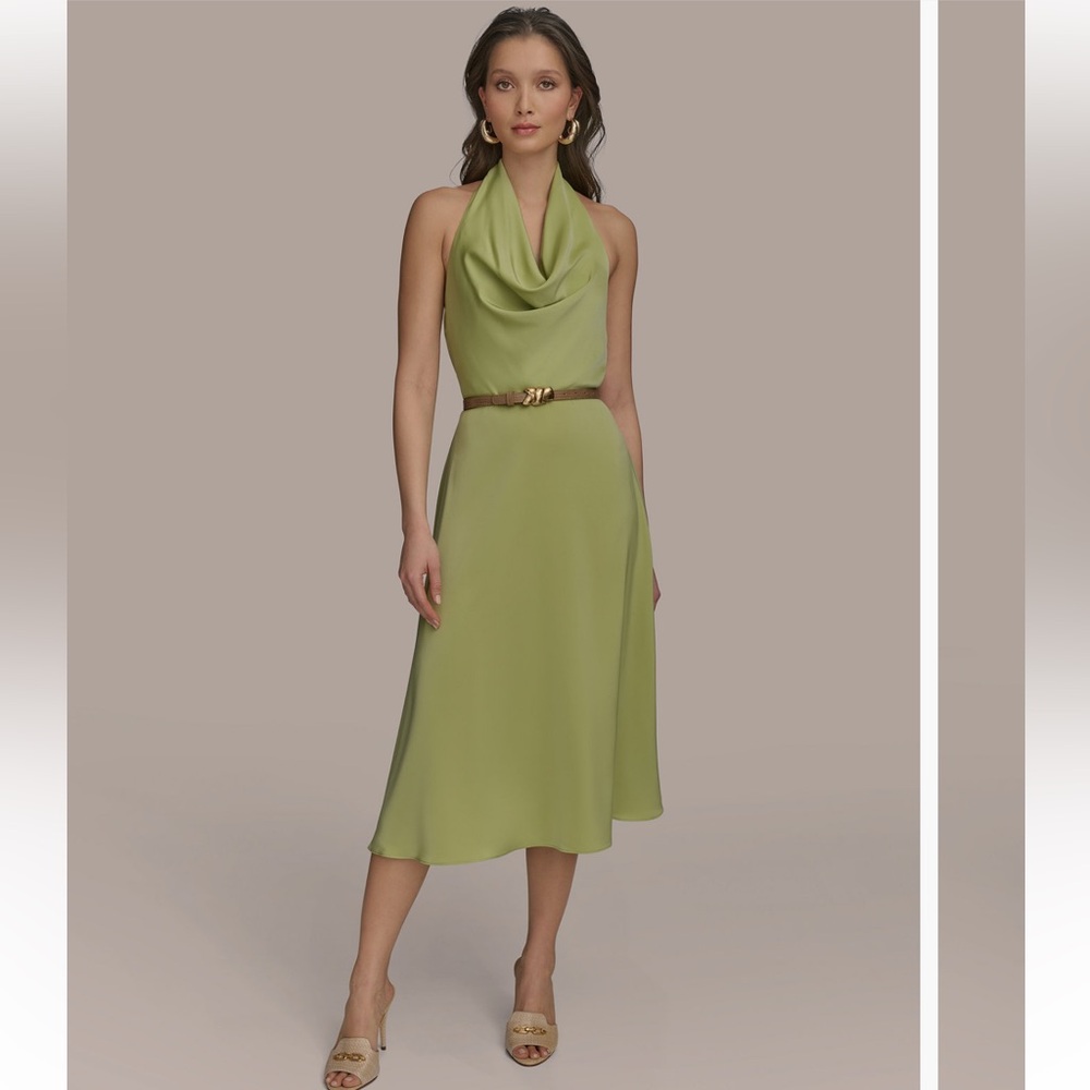 NWT Donna Karan Women’s Belted Halter A-Line Midi Dress. 10 Regular. Kiwi.